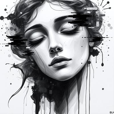 The primary subject of the image is a woman with long hair, who appears to be sleeping. She is the main focus of the image. The setting is a black and white background, which adds a dramatic and artistic touch to the scene. The visual style is a combination of drawing and digital art, creating a unique and captivating representation of the woman. The colors and mood of the image are predominantly dark and moody, with the woman's eyes being the only bright spot in the scene.